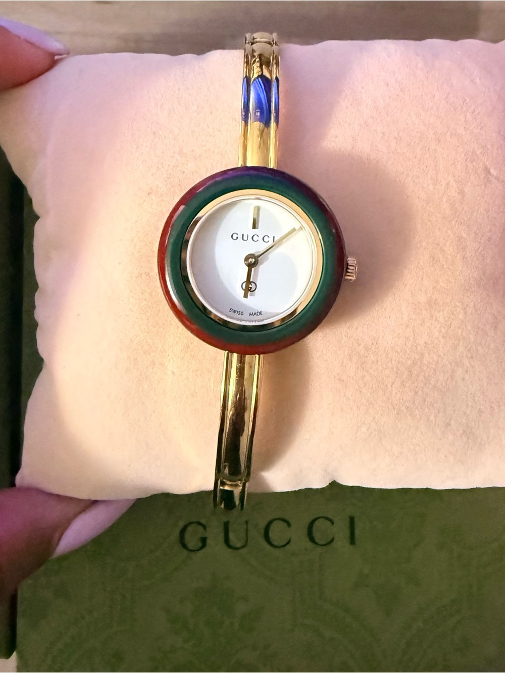 Gucci Gold Bangle Watch with Green and Red Enamel Bezel